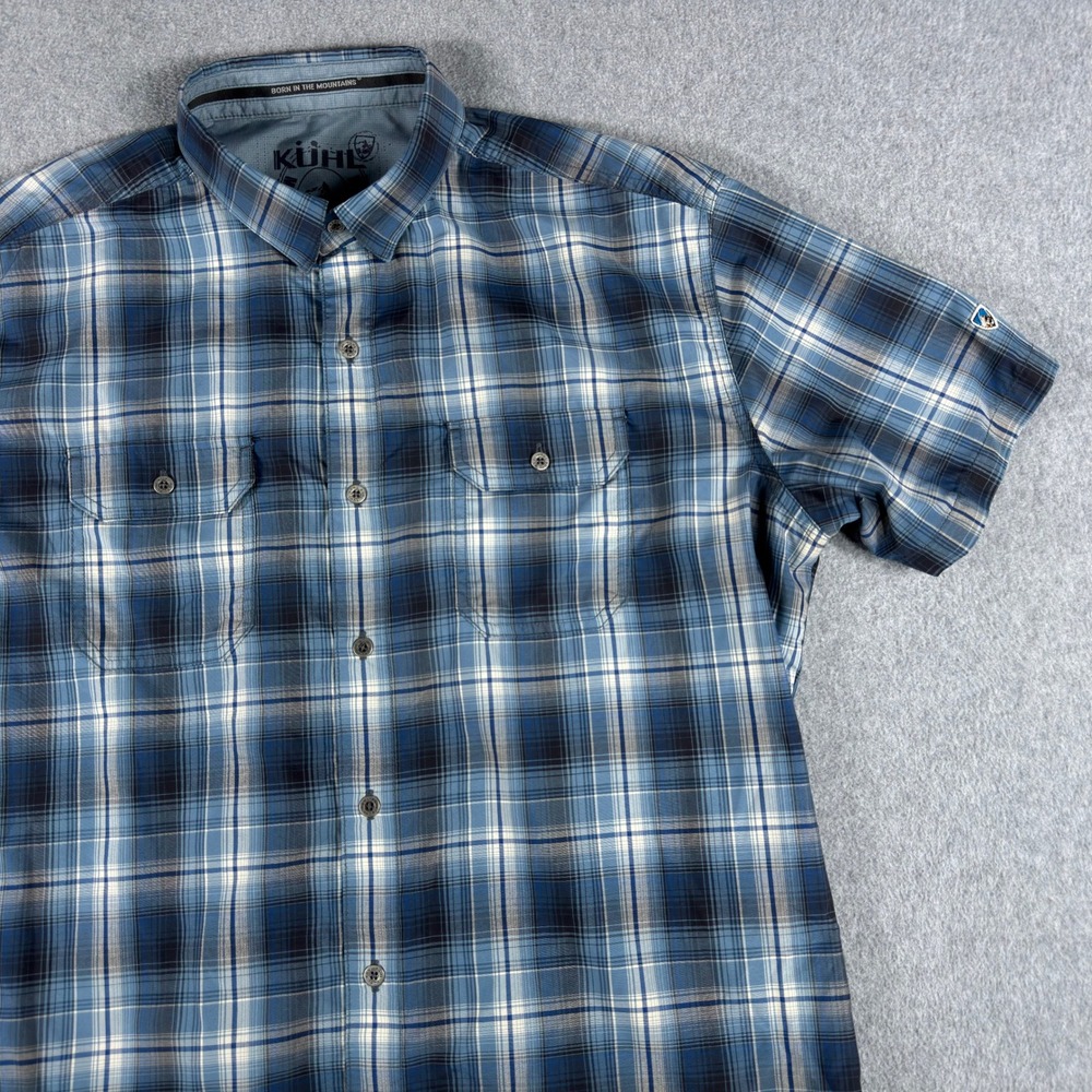 Kuhl Eluxor Shirt Mens Large Blue Plaid Button Up Short Sleeve Outdoor Casual